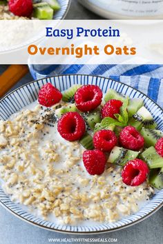 oatmeal with raspberries and kiwi on top in a bowl