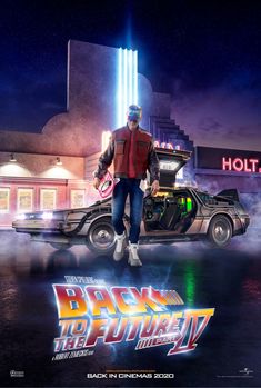 back to the future part ii movie poster with man in red jacket standing next to car