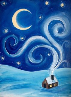 an acrylic painting of a house in the snow at night with stars and moon