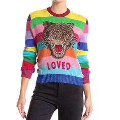 Condition: New With Tags Color: Multi Size: Small Msrp $1725 Details & Care The Rainbow Motif Is Interpreted In A New Way As Stripes On A Sweater. The "Loved" Appliqu Is A Reference To An All Inclusive Romanticism. The Tiger Head Continues To Define The Collection And Is Presented On The Front. Multicoloured Striped Wool With Lurex Trims. Sequin Embroidered Tiger Appliqu And "Loved" Appliqu. Crew Neck. Long Sleeve. Fabric: 100% Wool. Trim: 54% Metallised Fiber, 46% Polyamide. Made In Italy. Sweaters Rainbow, Gucci Tiger, Striped Sweaters, Tiger Embroidery, Gucci Sweater, Cartoon Tiger, Embroidery Letter, Cat Embroidery, Oversized Sweater Women