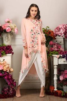 Shop for Seams Pret And Couture Pink Georgette Ami Asymmetric Kurta And Tulip Pant Set for Women Online at Aza Fashions Asymmetric Kurta, Leather Applique, Tulip Pants, Applique Work, Embroidered Leather, Satin Color, Beaded Top, Pant Set, Set For Women