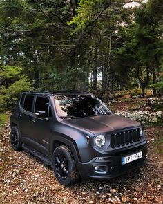 a jeep is parked in the middle of some trees and leaves, with its hood up