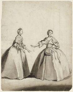 two women in dresses standing next to each other with their hands out and one woman pointing