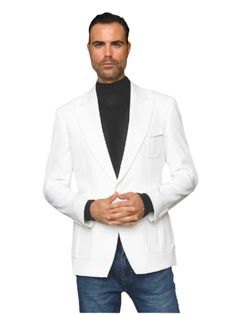 Descriptions SLIM-FIT RUN SMALL ORDER ONE SIZE BIGGER MANZINI STYLE NO: MZS-563 WHITE Casual design blazer looks great with jeans and turtleneck Step into a world of refined vintage style with the Men's Vintage Peak Lapel Slim Fit Multi-Pocket Single-Breasted Blazer. Tailored for a slim fit, this blazer enhances your silhouette while providing the comfort and versatility needed for various occasions. Whether you're dressing up for a formal event or adding a touch of elegance to your everyday att Tailored Sport Coat With Lapel Collar And Pockets, White Outerwear With Suit Collar And Pockets, Fitted Sport Coat With Lapel Collar And Pockets, Fitted Sport Coat With Patch Pockets And Lapel Collar, Fitted White Outerwear With Patch Pockets, Classic Outerwear With Lapel Collar And Custom Fit, White Business Suits With Pockets, White Tailored Sport Coat With Pockets, Tailored White Sport Coat With Pockets