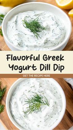 two bowls filled with yogurt dip on top of a cutting board next to lemons