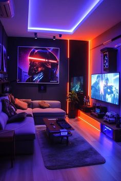 a living room filled with furniture and two tvs on top of each side of the wall