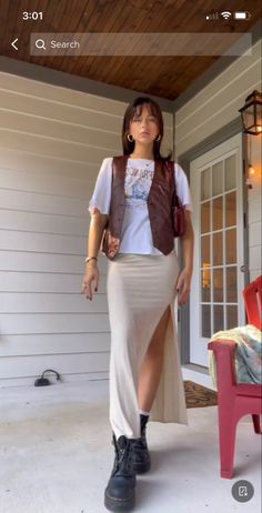 Women’s Leather Vest Outfit, Womens Cream Dress, Fashion Inspo Big Bust, Leather Vest With Dress, Leather Vest Outfits For Women Fall, White Boot Outfit Summer, Preppy Street Style Summer, White Leather Vest Outfit, Vest Midi Skirt Outfit