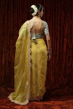 Shop for Shikhar Sharma Yellow Embroidered Saree With Silk Chanderi Blouse for Women Online at Aza Fashions Organza Blouse, Padded Blouse, Saree Silk, Blouse Silk, Embroidered Saree, Yellow Silk, Pattern Embroidery, Blouse For Women, Organza Saree