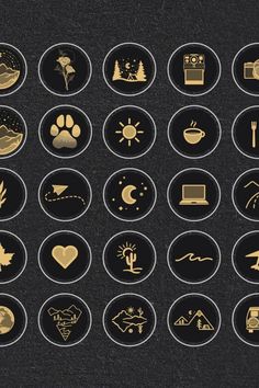 the golden icons are arranged in circles on a black surface, with white outlines