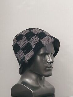 Black And Gray Crochet Checkered Bucket hat festival Boho Hippie Chic Handmade   | eBay