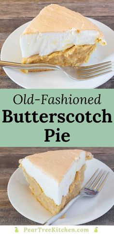 an old fashioned butterscotch pie on a white plate