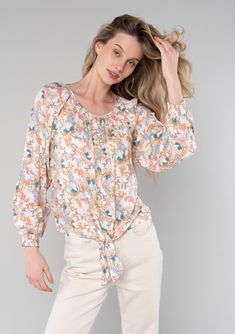 Women's Top - Boho Floral Long Sleeve Tie Front Blouse | LOVESTITCH Casual Blouse With Tie Waist For Brunch, Casual Blouse With Blouson Sleeves And Tie Neck, Spring Long Sleeve Tops With Elastic Sleeves, Spring Long Sleeve Blouse With Gathered Sleeves, Casual Printed Peasant Top For Fall, Long Sleeve Tops With Elastic Sleeves For Spring, Fall Long Sleeve Blouse With Tie Waist, Casual Long Sleeve Top With Tie Sleeves, Casual Tops With Blouson Sleeves And Tie Neck