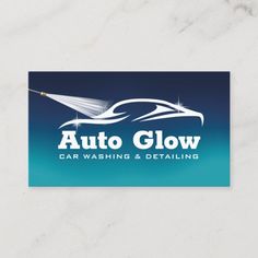 the auto glow logo on a blue and white business card with an image of a car wash