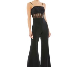 Partially Lined Bodice; Fully Lined Pants Square Neck Spaghetti Straps Vertical Rhinestone Embellishments Along Mesh Bodice Concealed Back Zipper Approx. 62.5" From Top Of Shoulder To Bottom Hem Elegant Fitted Jumpsuit With Rhinestones, Elegant Party Jumpsuits And Rompers With Rhinestones, Glamorous Evening Jumpsuits And Rompers With Rhinestones, Glamorous Party Jumpsuits And Rompers With Rhinestones, Elegant Fitted Embellished Pantsuit, Black Embellished Party Pants, Embellished Black Party Pants, Chic Evening Bottoms With Rhinestones, Black Embellished Pants For Party