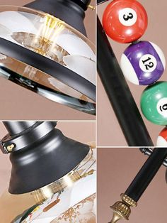 four different shots of pool balls hanging from a lamp