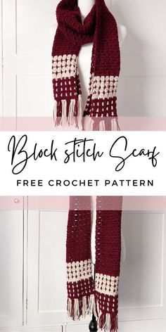 a red and white crochet scarf with text overlay that reads, black fifth scarf free crochet pattern