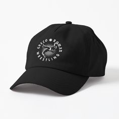 a black hat with white lettering on it