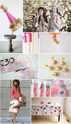 a collage of photos with pink and gold decorations