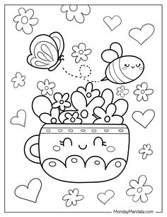 a coloring page with hearts and flowers in a pot, bees flying around the bowl