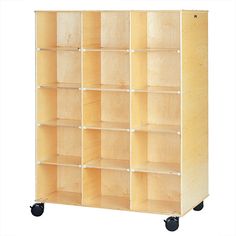 a wooden storage unit with wheels and shelves