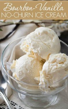 three scoops of bourbon vanilla no - churn ice cream in a glass bowl