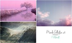 four different pictures with trees and clouds in them