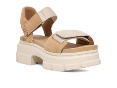 UGG Ashton Ankle - Women's Shoes : Sand : Designed for all-day comfort, the UGG Ashton Ankle Heeled Sandals come with an open toe design. Nubuck upper with UGG webbing. Microfiber lining. EVA footbed. Custom fit. Adjustable ankle and vamp-strap takes your outfit to new heights. Hook-and-loop closure on the straps. Round toe design. Chunky EVA and rubber outsole. Imported. Measurements: Heel Height: 2 3 4 in Product measurements were taken using size 7, width B - Medium. Please note that measurements may vary by size. Ugg Shoes Women, Ankle Sandals, Ankle Heels, Toe Designs, Heeled Sandals, Platform Wedges, Womens Uggs, Pharmacy Gifts, Shoe Collection