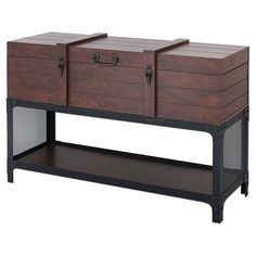 a large wooden chest with two open drawers on one side and an attached shelf below