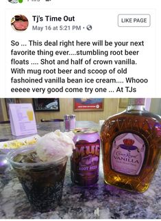 a bottle of booze next to some ice cream