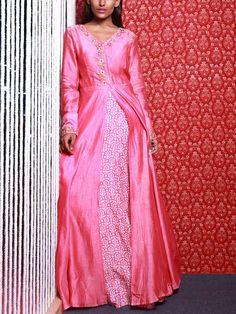 Buy Light Pink Raw Silk Front Slit Anarkali Gown Online – Vasansi Jaipur Outfit Traditional, Print Block, Traditional Wear