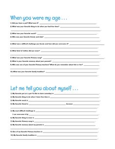 a question card with the words when you were my age and what do you tell about yourself?