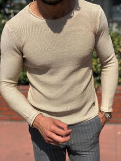 Beige Stretch Casual Sweater, Khaki Long Sleeve Sweater For Spring, Elegant Long Sleeve Neutral Sweater, Stretch Brown Fine Knit Sweater, Stretch Fine Knit Brown Sweater, Fitted Beige Crew Neck Sweater, Beige Fitted Crew Neck Sweater, Beige Crew Neck Soft Knit Sweater, Beige Crew Neck Knitted Sweater