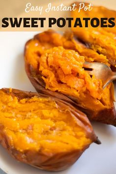 baked sweet potatoes on a white plate with a spoon in it and text overlay that reads easy instant pot sweet potatoes