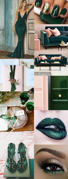 a collage of photos with green and gold colors, including the woman's shoes