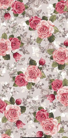 a floral wallpaper with pink roses and white flowers on grey background, in the style of watercolor painting