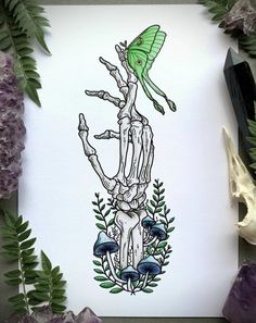 a drawing of a skeleton with a green hat on it's head is surrounded by flowers and leaves