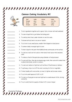 a printable worksheet for the common cooking vecaculaary 2 0