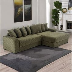 a living room with a sectional couch and rug