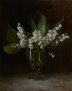 a painting of white flowers in a glass vase