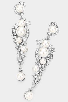 Theme : Pearl Size : 0.75" X 3.25" Post Back Pearl Accented Stone Embellished Evening Earrings 2 Piece Dress Short, Evening Earrings, Designer Formal Dresses, Tiara Hairstyles, Short Cocktail Dress, Mothers Dresses, Dress Jewelry, Silver Earring, Pearl Size