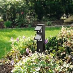 a garden with some bushes and flowers in the background, including a light pole that has three lights on it