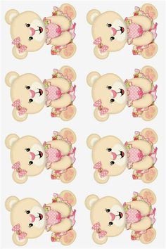 teddy bears with pink bows and polka dots on their heads are arranged in the shape of hearts