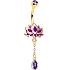 a purple and gold belly ring with a dangling flower