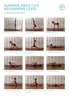 a woman doing yoga poses in front of a wall with the words summer practice beginners level