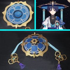 an anime character holding a blue and gold plate