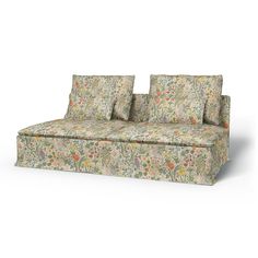 an upholstered couch with floral fabric on it's back and arms, facing the viewer