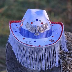 American Eagle Cowboy Hat with metal eagle, sequins patches, sequins, rhinestones, and fringe. Color: White Only Size: One size fits most adult heads. Measurement: Approximately 22 inches (57 cm) in diameter. Rave Concert, Sunflower Accessories, Sequin Patch, Hippie Girl, Flower Hats, Cowgirl Hats, Hippie Bohemian, Veterans Day, Memorial Day