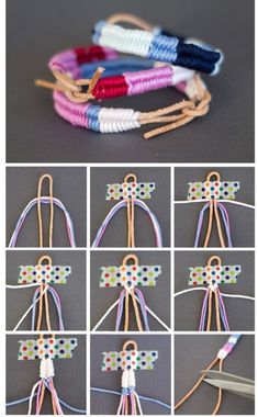 the instructions to make an origami bow bracelet with ribbon and buttons on it