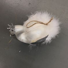 a white bird with feathers and a snowflake on it's head sitting on the ground