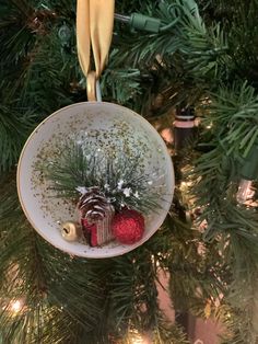 an ornament hanging from a christmas tree decorated with pine cones and glitters